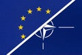 European Union or EU and national fabric flag from textile vs North Atlantic Treaty Organization sign and symbol. NATO