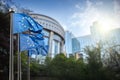 European union flag against parliament in Brussels Royalty Free Stock Photo