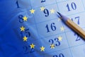 European Union flag and calendar with pencil Royalty Free Stock Photo