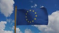 European Union flag 3D Render with flagpole and blue sky, EU Flag of Europe, European Union national flag textile, logo