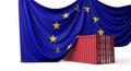 European Union flag draped over a commercial shipping container. 3D Rendering