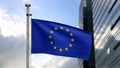 European Union flag waving in wind with skyscraper. Europe banner silk blowing Royalty Free Stock Photo