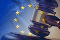 European Union flag with wooden gavel in close-up Royalty Free Stock Photo