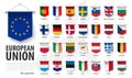 European union flags and membership . 3D realistic pennant hanging design . White isolated background and europe map . Vector