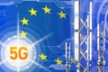 European Union 5G industrial illustration, huge cellular network mast or tower on modern background with the flag - 3D