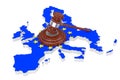 European Union Justice Concept. Wooden Justice Gavel with Soundboard over EU Map with Flag. 3d Rendering Royalty Free Stock Photo