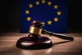 European Union Law and Order Symbolic Judges Gavel Hammer on EU Flag. created with Generative AI