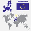 European Union map on a world map with flag and map pointer. Vector illustration Royalty Free Stock Photo