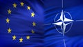 European Union and NATO flags background, diplomatic and economic relations