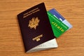 European Union passport with a Vitale card and a European health insurance card on a wooden background