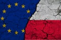 European Union and Poland flag on textured cracked ground. The concept of cooperation between the two countries. 3d rendering