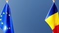 european union and romania flag on a flagpole, 3D image. national symbols romanian and flag eu on different sides. wide format