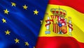European Union and Spain flags. 3D Waving flag design. European Union Spain flag, picture, wallpaper. European Union vs Spain Royalty Free Stock Photo