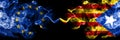 European Union vs Catalonia, Spain smoke flags placed side by side. Thick colored silky smoke flags of EU and Catalonia, Spain Royalty Free Stock Photo