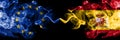 European Union vs Spain, Spanish smoke flags placed side by side. Thick colored silky smoke flags of EU and Spain, Spanish Royalty Free Stock Photo