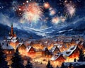 European village Fireworks over Christmas European village Beautiful.