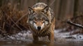 European Wolf (Canis lupus) in the nature habitat. Wildlife concept with a copy space.