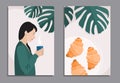 Woman with cup, croissants and monstera for diptych poster