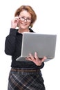 European Woman Holding Laptop and Glasses