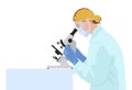 European woman scientist analyzes results in the microscope. Chemistry laboratory.