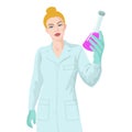 European, caucasian woman scientist with sample of liquid. Vaccine research concept.
