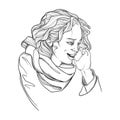 European young woman in winter clothes speaking on the phone and smiling. Black and white linear sketch isolated n white Royalty Free Stock Photo