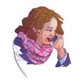 European young woman in winter clothes speaking on the phone and smiling. Colored linear sketch isolated n white Royalty Free Stock Photo