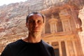 Europian tourist man in Petra in Jordan during a journey