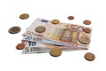 Euros coins and banknotes on white background Royalty Free Stock Photo