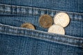 euros coins in blue jeans pocket Royalty Free Stock Photo