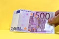 500 euros in one hand. The bill of 500 euros out of circulation Royalty Free Stock Photo