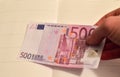 500 euros in one hand. The bill of 500 euros out of circulation Royalty Free Stock Photo