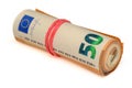 euros rolled into a tube, 50 euro bills on a white background 16 Royalty Free Stock Photo