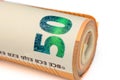 euros rolled into a tube, 50 euro bills on a white background 12 Royalty Free Stock Photo