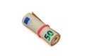 euros rolled into a tube, 50 euro bills on a white background 6 Royalty Free Stock Photo