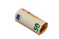 euros rolled into a tube, 50 euro bills on a white background 2 Royalty Free Stock Photo