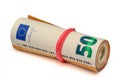 euros rolled into a tube, 50 euro bills on a white background 7 Royalty Free Stock Photo