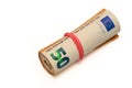 euros rolled into a tube, 50 euro bills on a white background 4 Royalty Free Stock Photo