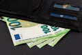 Euros sticking out of the wallet. Paper banknotes of 100 euros each