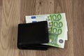 300 euros sticking out of the wallet. Three paper banknotes of 100 euros each. Royalty Free Stock Photo