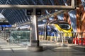 Eurostar train at St Pancras station platform under blue arched ceiling beams Royalty Free Stock Photo