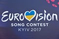 Eurovision Song Contest 2017 logo closeup outdoor in Kyiv, Ukraine.