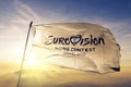 Eurovision Song Contest 2019 logo flag textile cloth fabric waving on the top sunrise mist fog Royalty Free Stock Photo