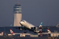Eurowings plane taking off from runway, Vienna Airport Schwevchat