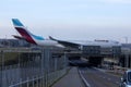 Eurowings plane doing taxi over the bridge in Munich Airport, MUC