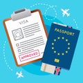 Eurozone Europe Visa Approved Stamp on Document. Passport with Flight Aircraft Ticket. Royalty Free Stock Photo