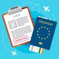 Eurozone Europe Visa Approved Stamp on Document. Passport with Flight Aircraft Ticket. Royalty Free Stock Photo