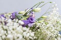 Eustoma flowers, many purple and white flowers