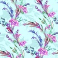Eustoma twigs drawn with watercolors and pencils. Seamless botanical pattern with purple flowers Royalty Free Stock Photo