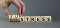 Eustress or distress symbol. Psychologist turns cubes and changes the concept word Eustress to Distress. Beautiful grey table grey